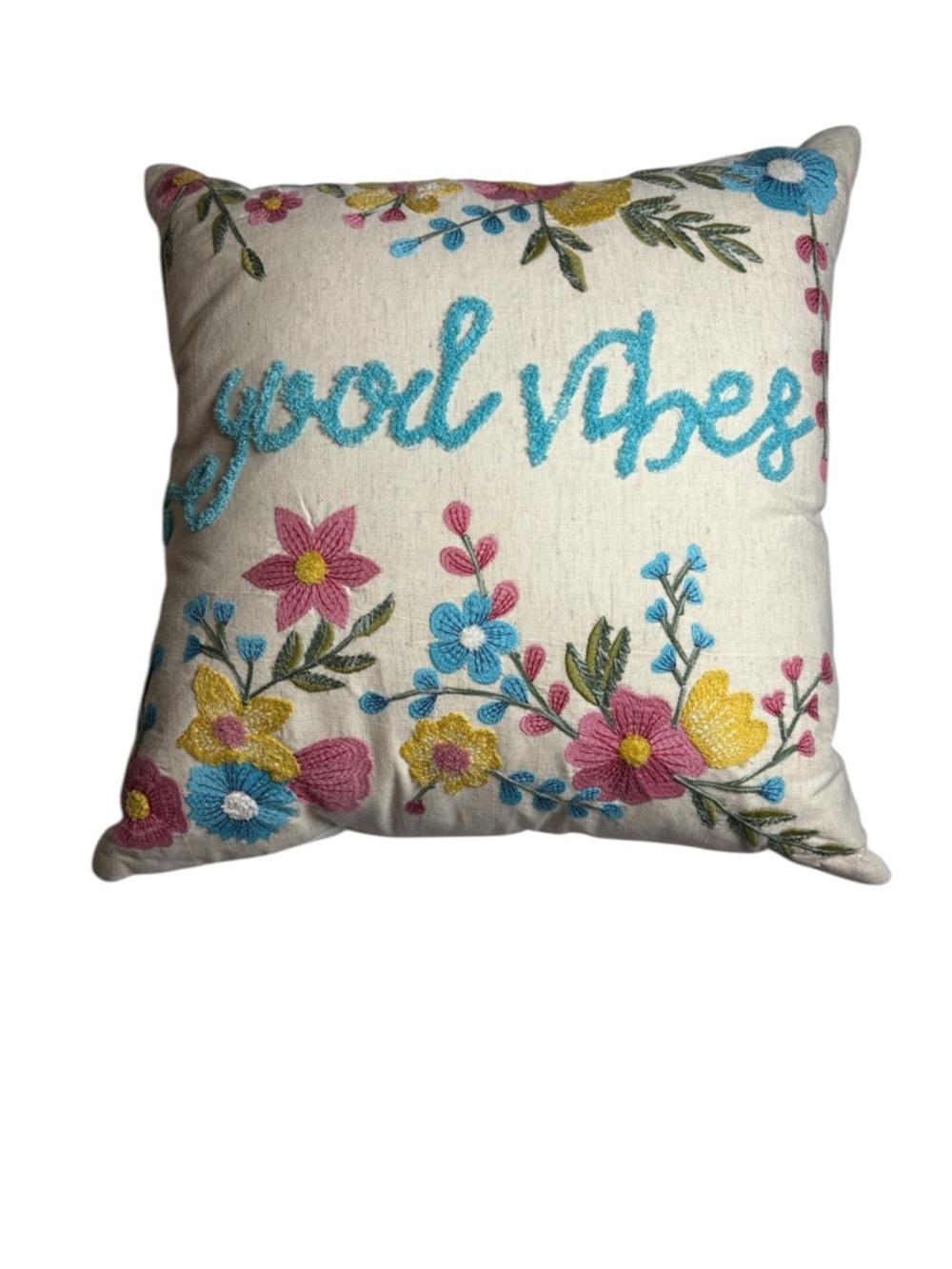 Embroidered Floral Throw Pillow Cotton/Linen 18x18 "Good Vibes"
